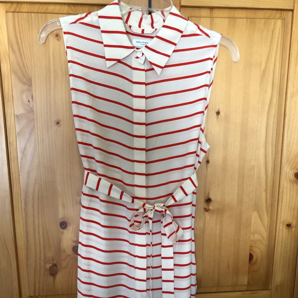 Equipment silk sleeveless romper coral red & cream